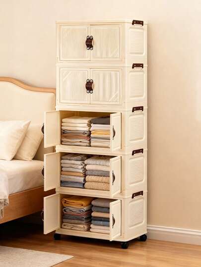 1pc 38cm-58cm Width Foldable Storage Cabinet, 1-5 Tiers Selectable, Thickened Double Door With Wheels, Home Use No-Assembly Storage Rack, Organizer For Clothes & Toys, Plastic Folding Storage Cabinet