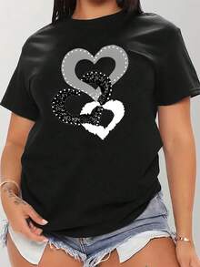Camiseta casual negra para mujer talla plus, diseño de corazón y corazón con brillo, cuello redondo, manga corta, elástica, para primavera/verano, lavable a máquina, cómoda para uso diario, corte relajado - Negro - Ver 1