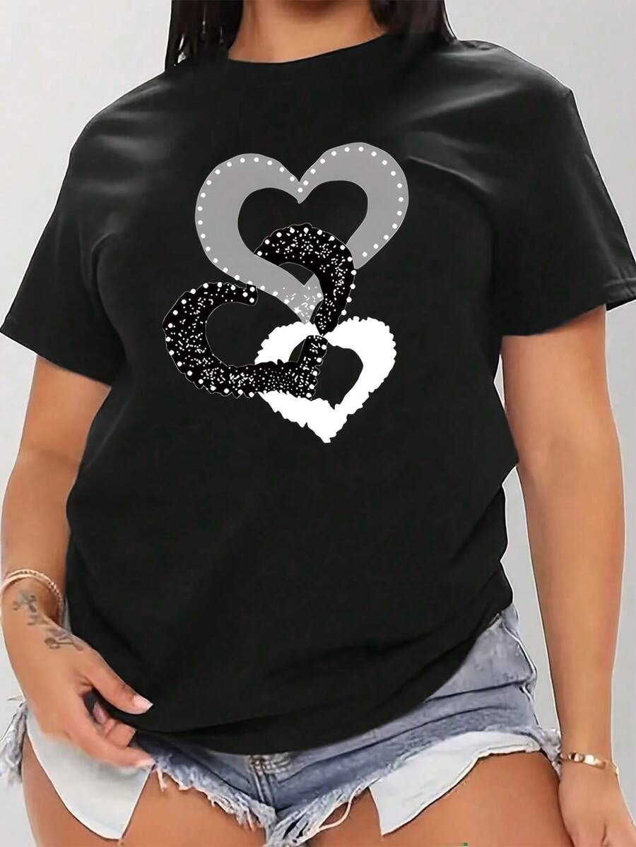 Camiseta casual negra para mujer talla plus, diseño de corazón y corazón con brillo, cuello redondo, manga corta, elástica, para primavera/verano, lavable a máquina, cómoda para uso diario, corte relajado - Negro - Ver 1
