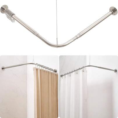 1pc L-Shaped Adjustable Shower Curtain Rod, 80-110cm X 80-110cm (31.5-43.3inch), 90 Degree Double Sliding Shower Curtain Rod, Bathroom Ceiling Support, Matte Black/Silver Finish
