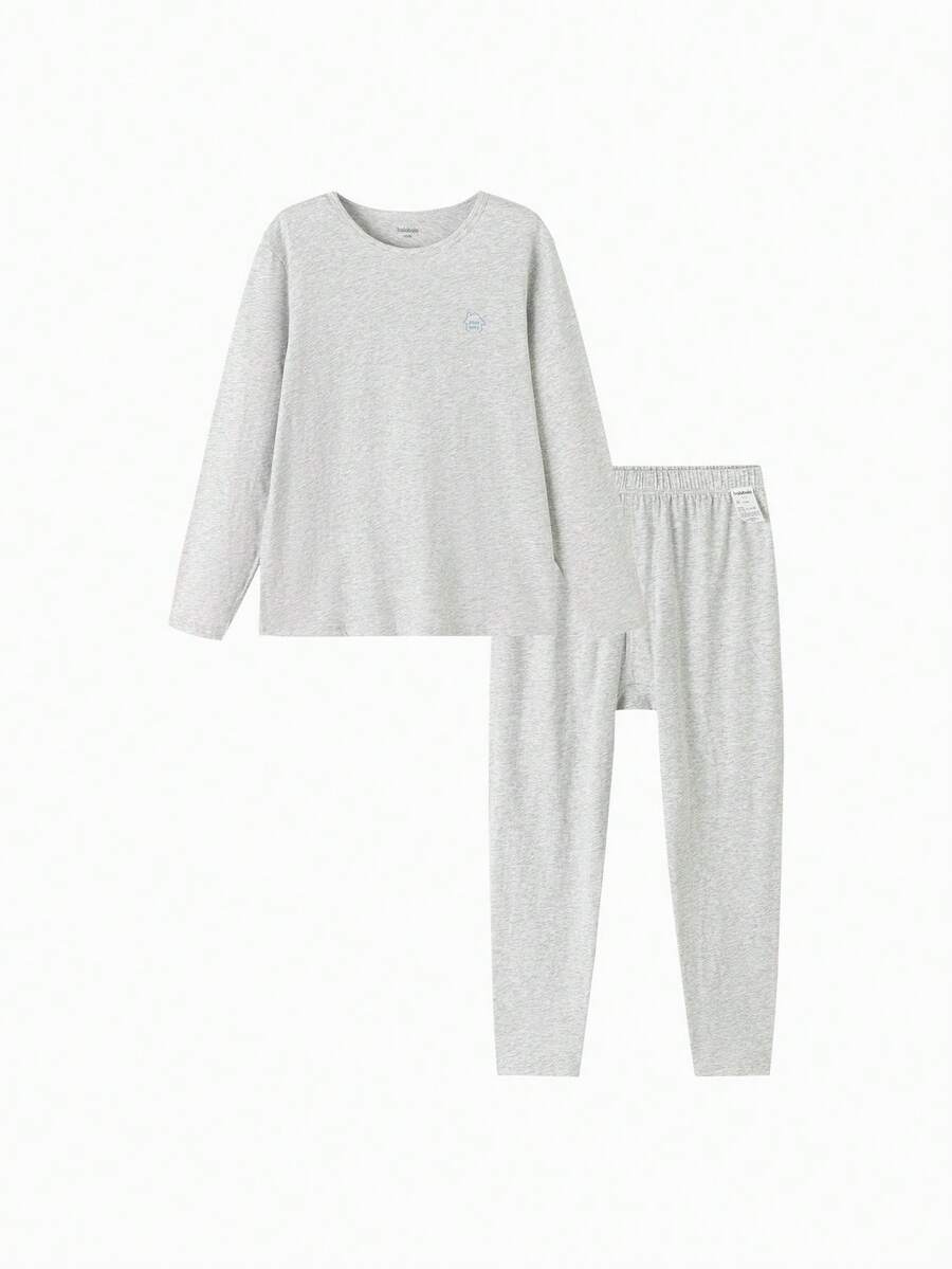 Balabala Children's Cotton Thermal Underwear Set, Soft Breathable Long Sleeve Top And Pants, Comfortable Base Layer Pajamas - Light Gray - View 1