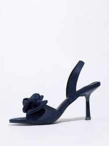 Giày sandal cao gót mũi nhọn bằng satin dành cho nữ, có nơ trang trí, quai cổ chân co giãn, phù hợp cho tiệc tùng, mặc hàng ngày, họp mặt, kỳ nghỉ, đi làm thanh lịch, mùa xuân/hè, thời trang, màu xanh navy, sandal nữ thanh lịch dễ phối với váy, chân váy, đám cưới - Màu xanh hải quân - Xem 9