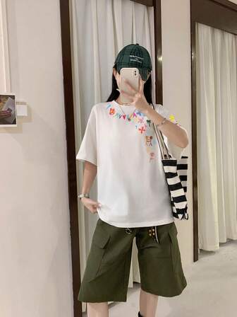 重量级学生夏季独特印花设计复古别致 T 恤，美式风格女式上衣