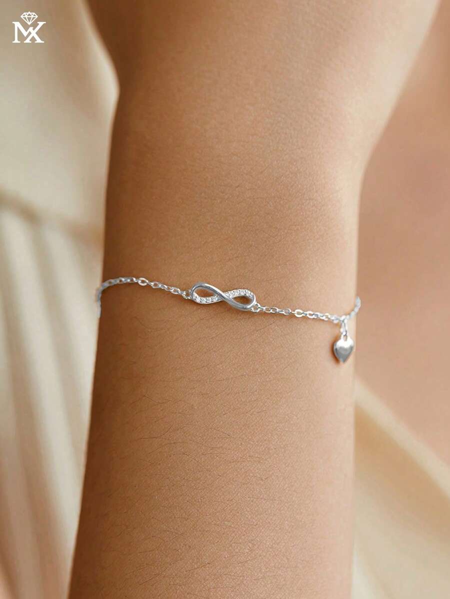 SYMFNY 1pc 925 Sterling Silver Elegant Fashionable Versatile Cubic Zirconia Infinity Heart Charm Bracelet - Silver - View 1
