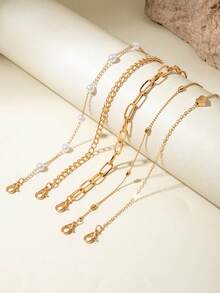 5pcs/Set Minimalist Metal Chain Pendant, Heart & Pearl Decor Layered Anklet Jewelry Set, Suitable For Daily Wear, Casual, Party, Gift - 28838-ank-g-3-eP - View 4