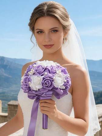 1PC Wedding Bouquets Flower Bridal Bridesmaid Pearl Silk Artificial Rose For Bride Party Church Valentine's Day