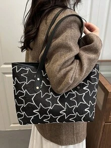 1 chiếc túi xách nữ màu đen bằng vải nylon, khóa kéo trơn, đính đinh tán và họa tiết ngôi sao thêu trang trí, thời trang, đa năng, màu trơn, tối giản, cá tính, thích hợp cho sử dụng hàng ngày của phái nữ. - màu đen - Xem 4