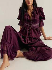 Women Y2K Half Slip Under Dress Pettipants Mid Rise Lace Patchwork Bloomers Trousers Ruffle Pantaloons Cropped Flared Pants Cute Pumpkin Long Pants - Màu Đỏ Sâu - Xem 3