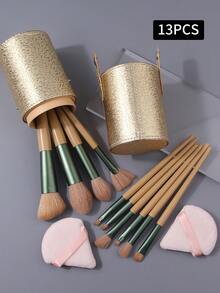 2pcs/10pcs/13pcs Premium Makeup Brush Set, Multi-Functional Face Makeup Brushes + Flocked Fan Powder Puff + Fashionable Large Capacity Covered Storage Bucket - Khaki - View 11