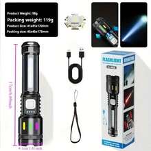 1pc Rechargeable LED Tactical Flashlight, 5 Modes, Type-C USB Charging, Portable Handheld Emergency Light With COB Light, Includes USB Cable - 黑色 - 查看 6