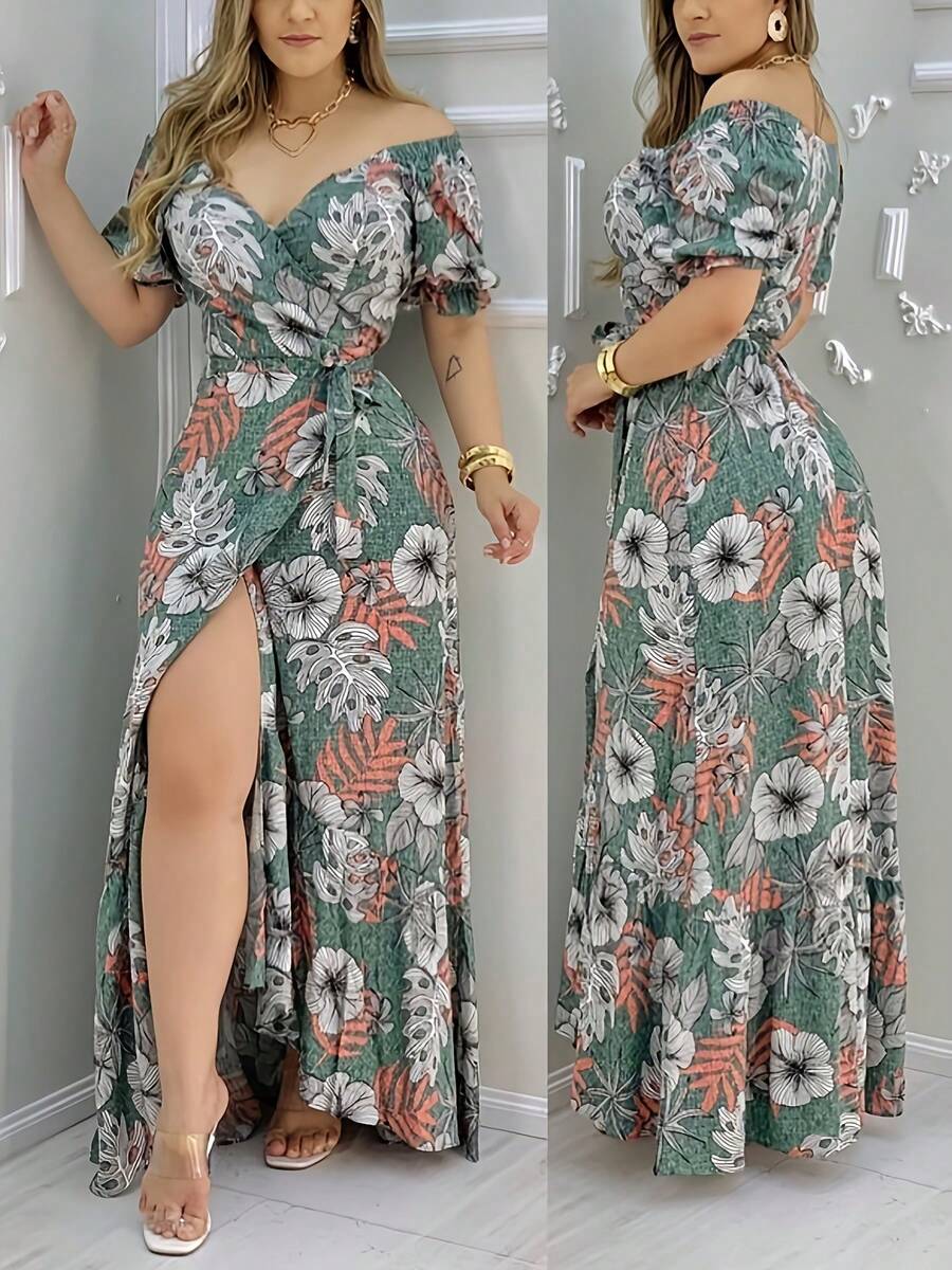 女士夏季度假沙滩印花裹身系带连衣裙 - 0.霧綠 - 查看 1