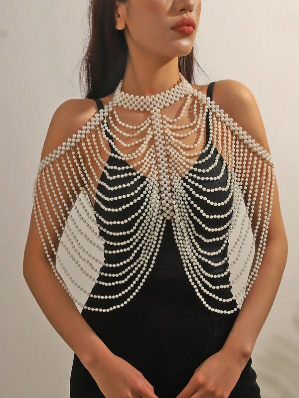 1pc Elegant Luxury Handmade Multi-Layer Beaded Necklace & Body Chain For Women, Decorated With Golden & White Accessories - Unique Jewelry For Ladies, Suitable For Wedding, Gala, Party, Christmas Gift