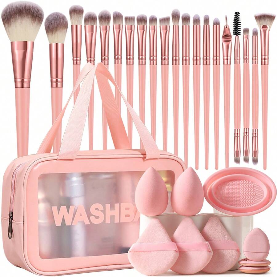 30pcs Makeup Brush Set, All-In-One Beauty Tools Kit Including Blush Brush, Powder Brush, Eyeshadow Brush, Makeup Sponge, Makeup Remover Puff, Brush Cleaning Bowl, Cosmetic Bag, Suitable For Daily Facial Makeup