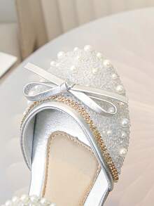 Girls' Mary Jane Flat Shoes, Shiny Low Heel Flower Wedding Party Shoes, Suitable For Toddler/Big Kids - Silver - View 3