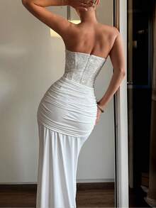 Women's Sweetheart Neck Sequin Corset Maxi Dress With Draped Knot Detail For Wedding Guest, Evening Party & Formal Events,Valentine Outfits For Women,Bridesmaid Dress - White - View 6