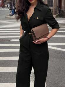 Women's Elegant Commuter Jumpsuit, Solid Color Polyester Fabric, Front Button Pockets With Zipper - Black - View 8