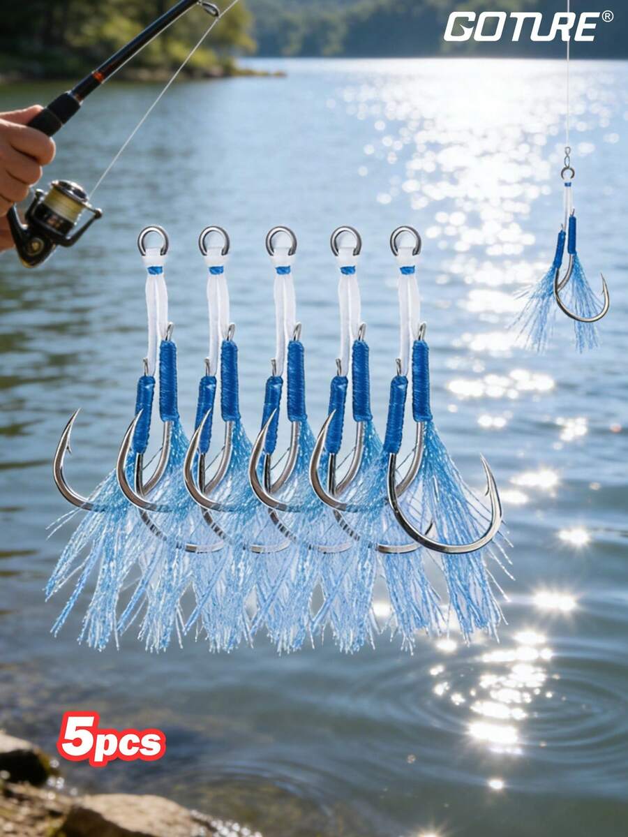 GOTURE 5pcs Blue Double Hook Lures With Reflective Tassel & Deer Tail Hair | Adjustable Sinking Speed, Suitable For Vertical Fishing - Heavy Sinking Fishing Rig For Lure Fishing - Multicolor - View 1