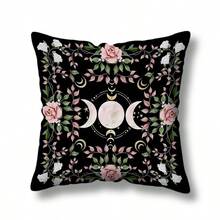 TOPSSCTR 1件黑色主题抱枕套，饰有月亮、星空和花卉图案，神秘装饰枕套，17.7英寸/45厘米复古黑色方形抱枕套，花朵、月亮和猫咪印花枕套，适用于家居书房、办公室装饰（不含枕芯） - 黑色 - 查看 16