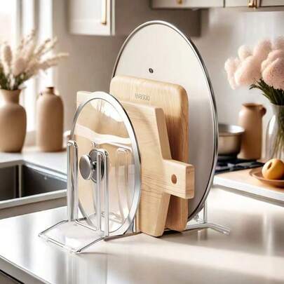 Stainless Steel Pot Lid Organizer Rack, Multifunctional Cutting Board Holder, No-Installation Kitchen Storage Shelf