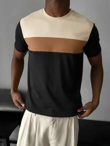 GRDR 1pc Men's Casual Contrast Color Round Neck Short Sleeve T-Shirt, Business Style, Summer - Black - View 6