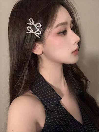 2个装女士时尚优雅闪亮水钻合金蝴蝶结鳄鱼夹发夹，刘海侧边发夹配饰，适合节日、派对、度假、日常外出、波西米亚风派对等场合，优雅别致，爪夹，发夹，发卡，头饰