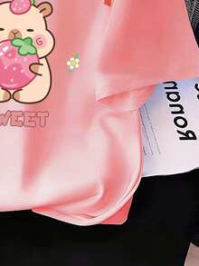 Camiseta de manga corta con estampado de dibujos animados informal para niñas preadolescentes, verano - Rosa - Ver 5