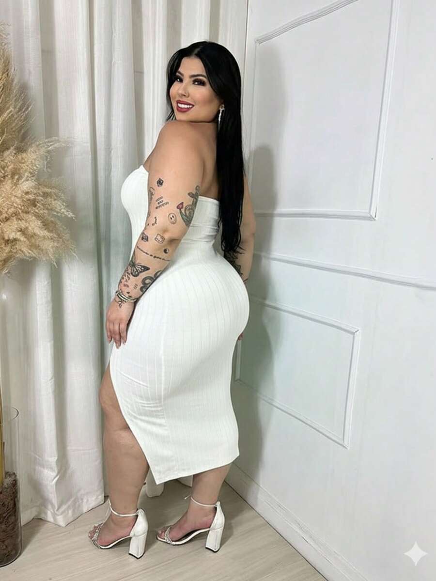 Helena White Midi Luxury Ribbed Strapless Plus Size Dress - White - View 1