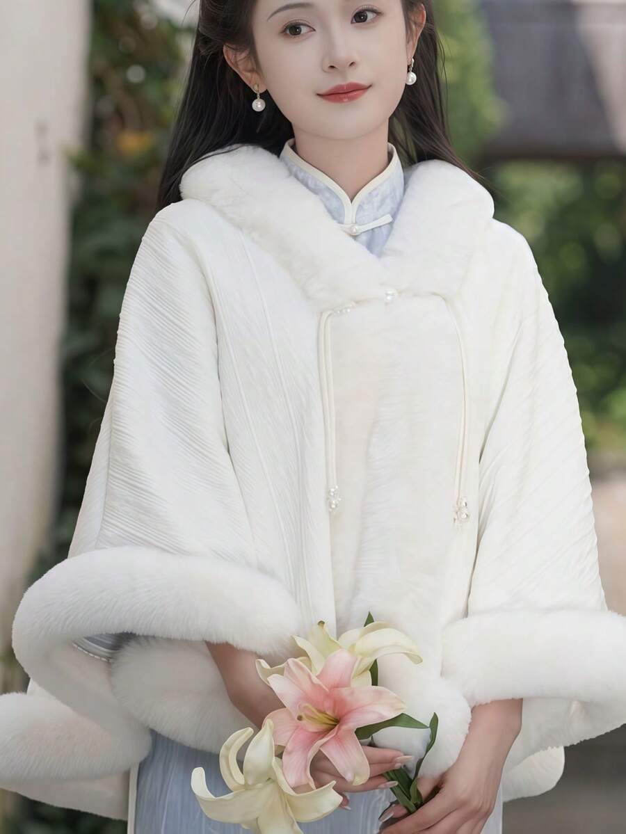 1pc Vintage Gentle Goddess Evening Gown Cloak Jacket, Faux Pearl Button & Furry Trim Collar, Versatile Warm Wrap Shawl, Suitable For Any Holiday Gift - A - View 1