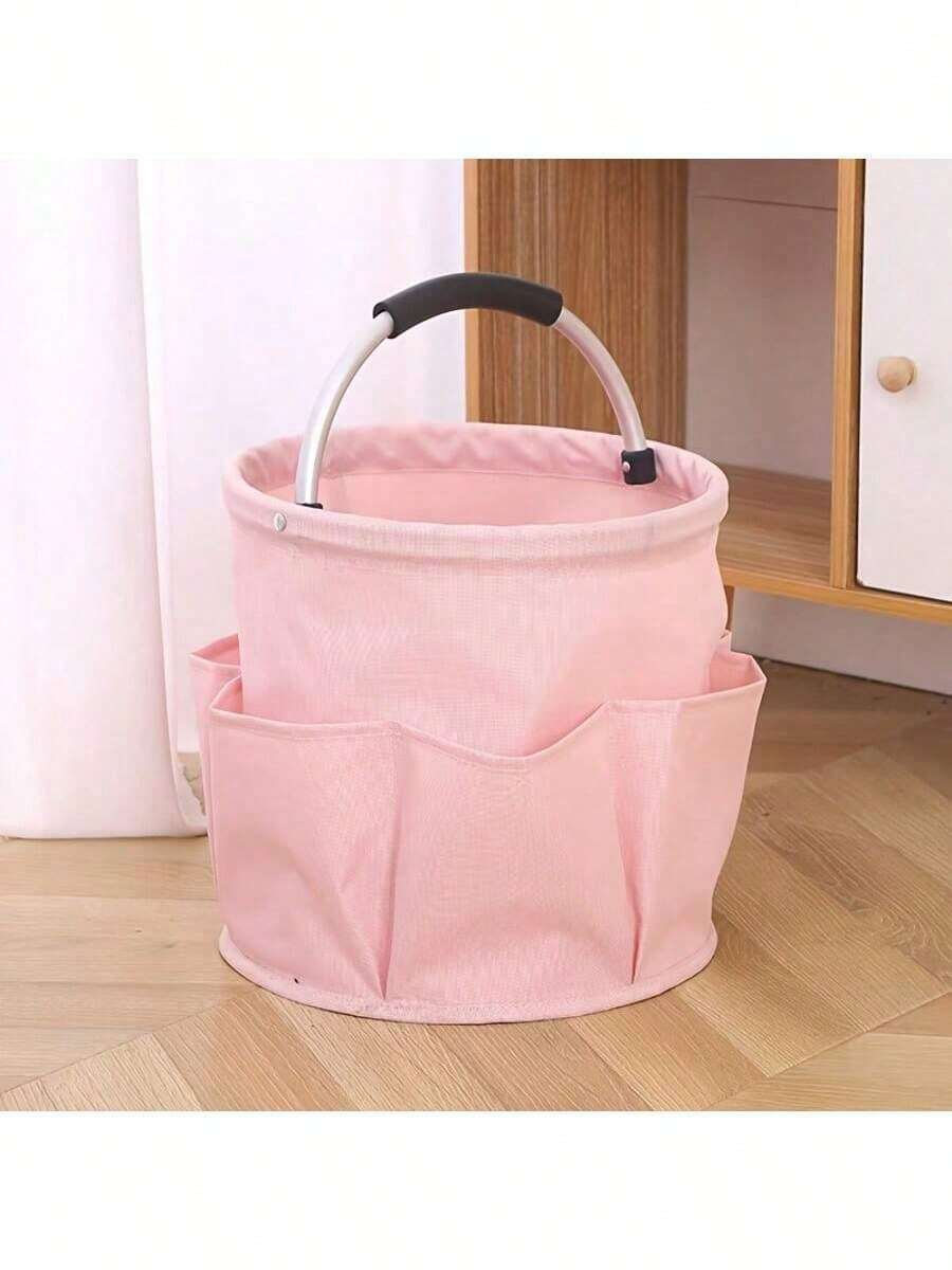 1 pieza Cubo de almacenamiento de herramientas de jardinería con bolsillos, bolsa de almacenamiento con forma de cubo de tela Oxford 600D, 6 compartimentos, gran capacidad, plegable en el medio para ahorrar espacio, asa redonda portátil, accesorios esenciales para jardinería en el hogar, almacenamiento de refrigerios para camping al aire libre, cubo de almacenamiento de herramientas para la playa, cubo de basura - Rosa - Ver 1
