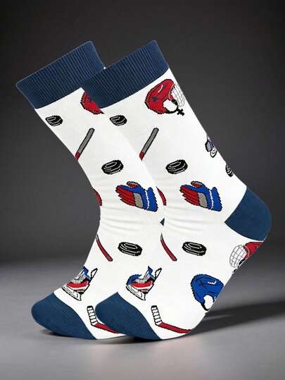 1 par de calcetines de tobillo con estampado de hockey sobre hielo para hombres, de tela de punto de poliéster cómoda hasta la pantorrilla, con diseño unisex de equipamiento de hockey sobre hielo, adecuado para hombres y mujeres, el mejor regalo para aficionados al hockey sobre hielo