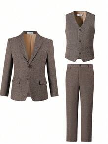 Tween Boy 棕色人字纹三件套西装套装：夹克、背心、裤子
