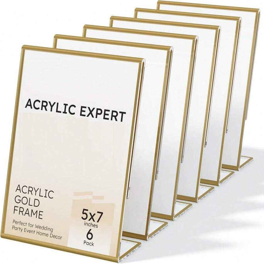 Bộ 6 khung ảnh acrylic mạ vàng 5x7 inch, giá đỡ nghiêng để bàn dùng cho số bàn tiệc cưới, biển hiệu nhà hàng, trưng bày ảnh và tác phẩm nghệ thuật. - Vàng - Xem 1
