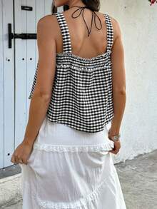 Doriss 女士纯色格纹麻花吊带背心休闲款 - 黑與白 - 查看 7
