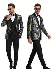 Brand Name Men's Brocade Three-Piece Suit  Floral Tuxedo Jacket, Black Waistcoat & Slim-Fit Trousers For Prom/Wedding/Party - 藍色 - 查看 7