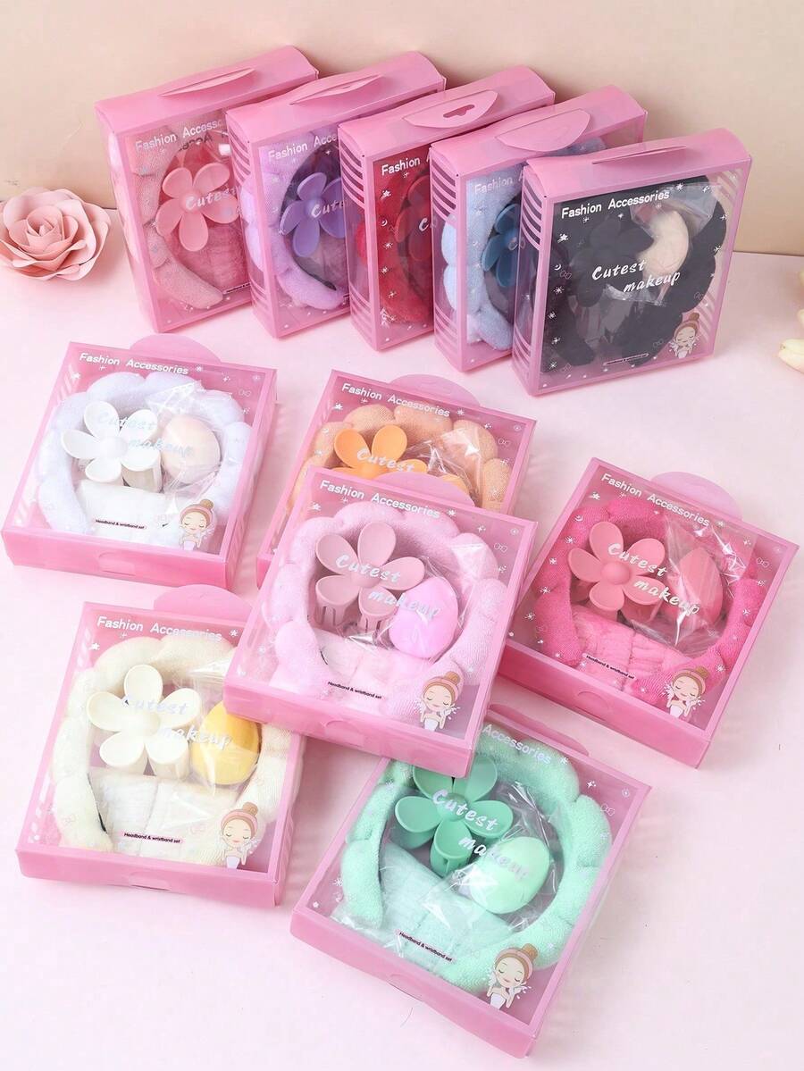 Women's Sponge SPA Headband & Wristband Set, Large Flower Hair Clip Gift Box Set, Hair Care Accessories & Hair Decor Set, Exquisite Gift Box Packaging, Suitable For Party Gifts And Daily Use. Grooming Set. Includes Wristband, Sponge, Cloud Headband, High Crown Headband. - Multicolor - View 1