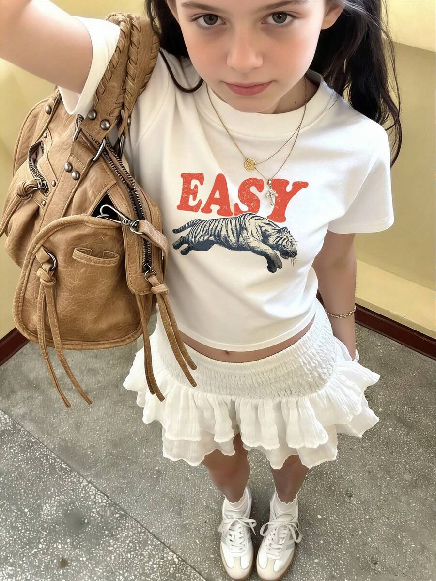 Tween Girls Students Casual Printed White Crew Neck Short Sleeve T-Shirt, Summer Top - White - View 1