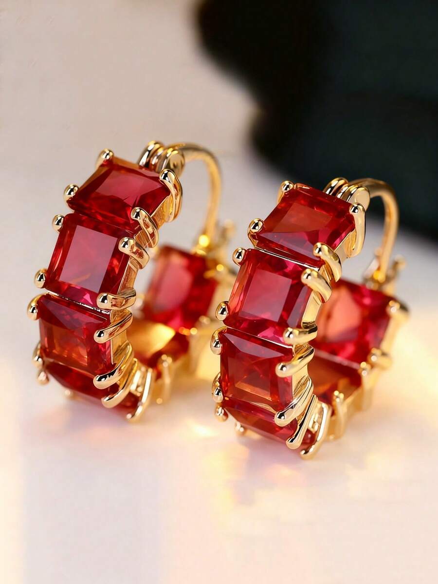 一对闪亮红色水钻金色耳环，优雅饰品，女士日常穿搭必备 - C形鋯石耳環 - 查看 1