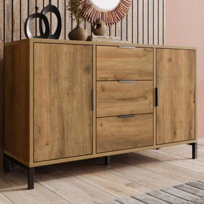 (=834647AAD) Kommode Mit 2 Türen Und 3 Schubladen, 120 X 40 X 76 Cm In Dunkle Eiche, Verstellbare Ablage, Sideboard Highboard Für Schlafzimmer & Alle Wohnräume
