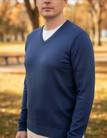 Men's Cold Weather Blouse | Men's Knitted Sweater | Winter Knitted Wool Pullover Long Sleeve V-Neck - 藏蓝色 - 查看 4