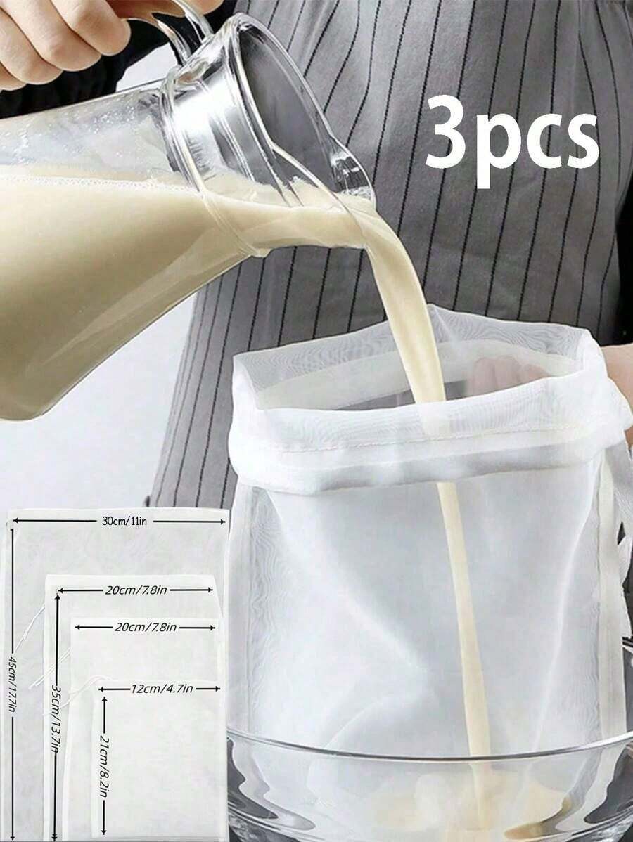 3pcs Fabric Strainer Mesh Bag, Modern White Multifunction Mesh Bag Kitchen,Kitchen Essential Tools, Filling & Pouring Funnel For Oil, Wine, Liquid Decanting, Splatter Proof, Easy Storage For Kitchen Organization,Reusable 3pcs Filter Bags In 3 Sizes  Material For All Juices Wine Cold Brew Nut Milk - White - View 1