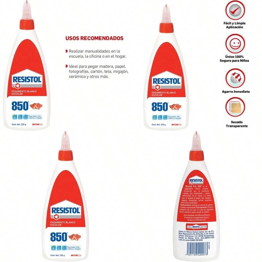 Resistol 850 Escolar pegamento blanco para el hogar escuela y oficina resistol no toxico adhesivo para manualidades y tareas pegamento liquido bote 1x225gDurable, Sólido - Multicolor - Ver 1