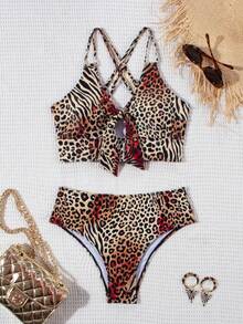 女士豹纹性感打结比基尼套装，适合海滩度假 - 暗紅豹紋 - 查看 1