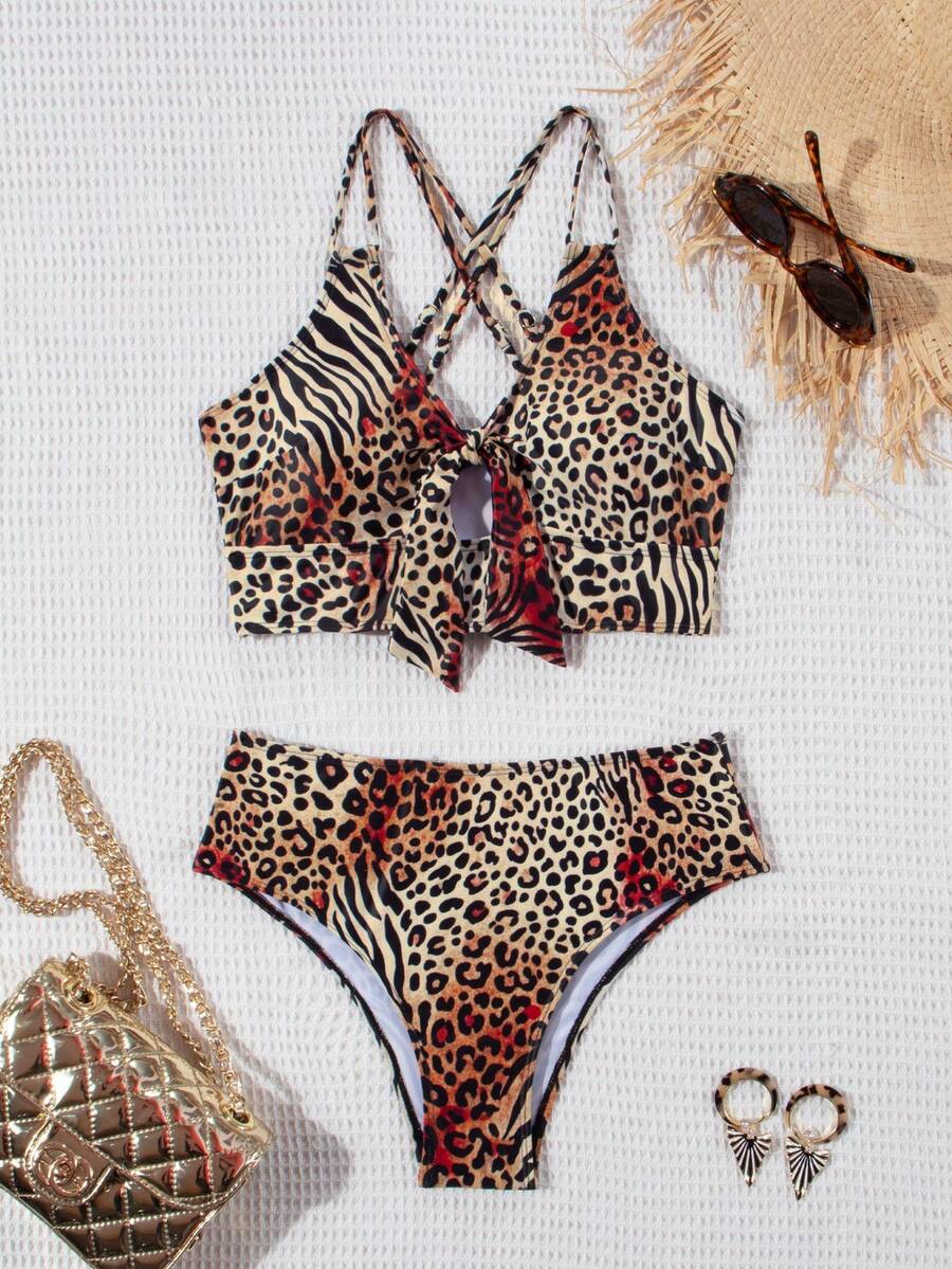 女士豹纹性感打结比基尼套装，适合海滩度假 - 暗紅豹紋 - 查看 1