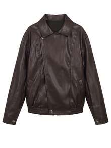 ii Loose Solid Color Lapel Commuter Leather Jacket For Women - Brown - View 3