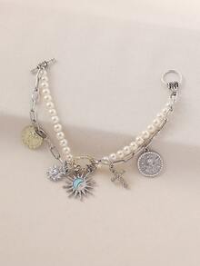 Layered Pearl Chain Bracelet For Women, Sun, Moon, Cross Pendant Charm Bracelet, Design - Multicolor - View 6