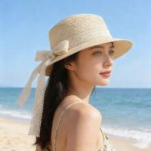 Women Summer Straw Boater Hat Wide Brim Lace Bow Band Flat Top Classic Cap For Beach - Màu be - Xem 1
