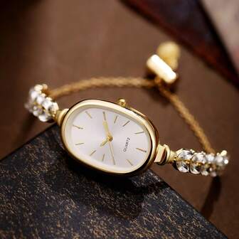 Vintage Oval Women's Watch, Rhinestone Chain Style, Elegant Quartz Bracelet Watch