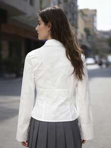 Womens Button Down Shirts Long Sleeve Lapel Collar Cinched Waist Tops Spring Fall Blouse - 白色 - 查看 2