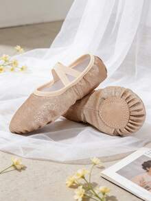 1 Pair Shiny Gold Ballet Shoes For Girls, Soft & Breathable, Lace-Up Canvas Ballet/Yoga/Dance Shoes (Kids/Big Kids) - Gold - View 3