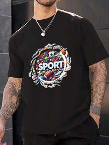 Chemise de sport graphique noire d'été pour hommes - Respirante, coupe régulière, chemise décontractée à col rond pour le sport et les loisirs. Chemise de sport. Top lavable en machine. Mode de vie actif. Style classique. Matériau léger. Vêtements de sport - Noir - Voir 6